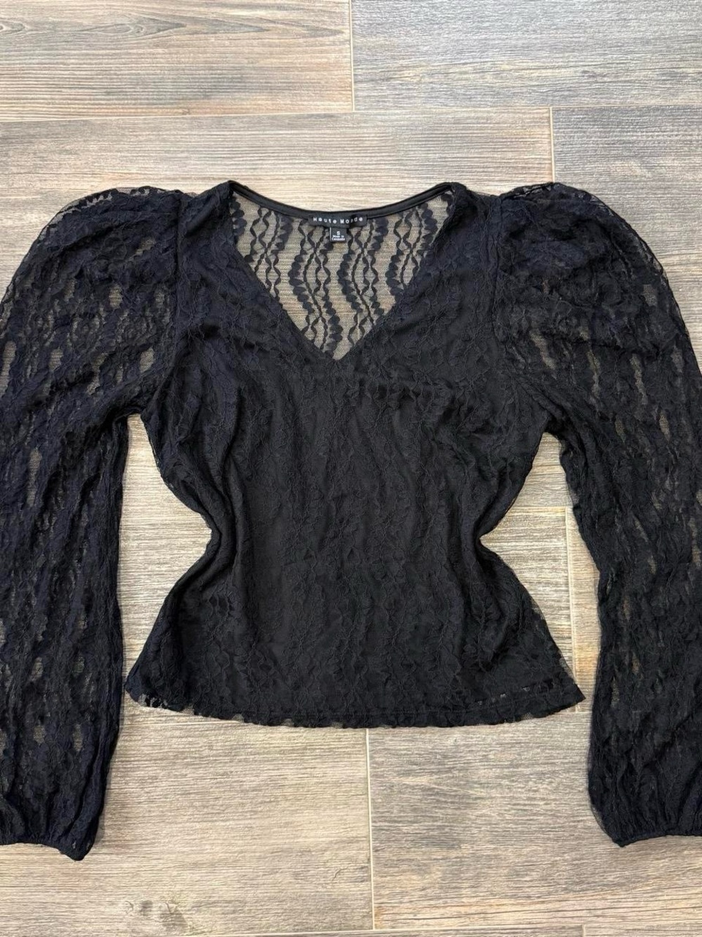 Whimsy Goth Black Lace Puff-Sleeve V-Neck Blouse